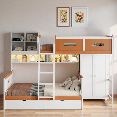 Lit superposé en bois avec garde-robe, tiroirs, tablettes et éclairage à DEL