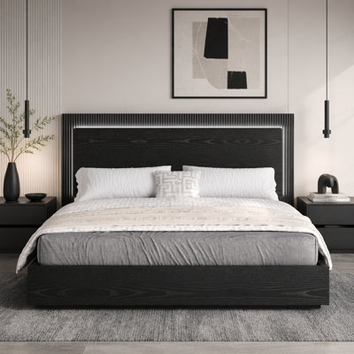 Platform Bed Frame with Headboard and LED Light, Wood Slat Support,Queen