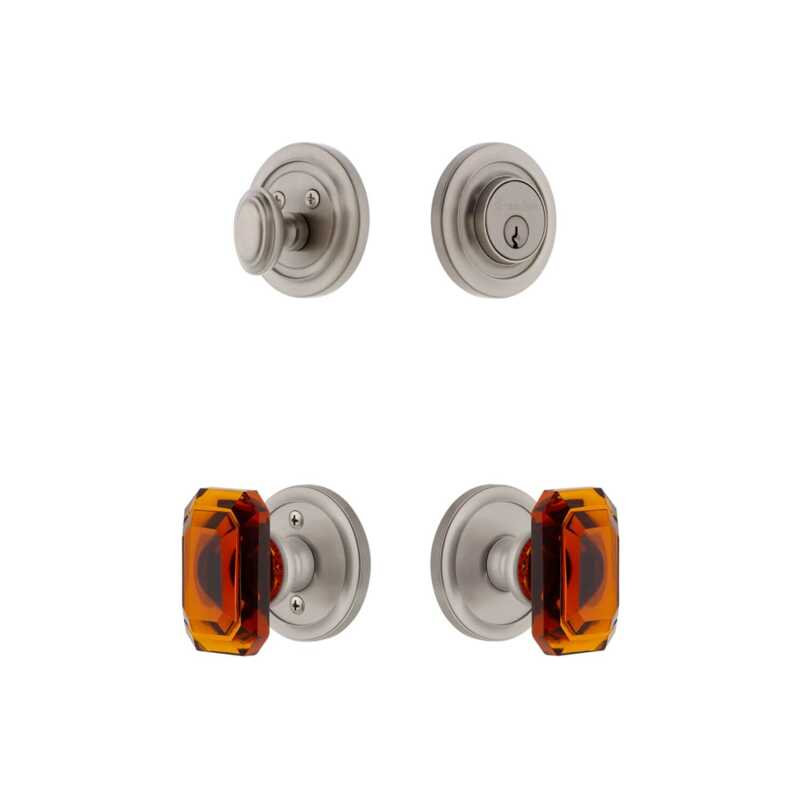 Grandeur Circulaire Rosette Entry Set with Baguette Amber Crystal Knob in Antique Pewter, 2.375", Satin Nickel