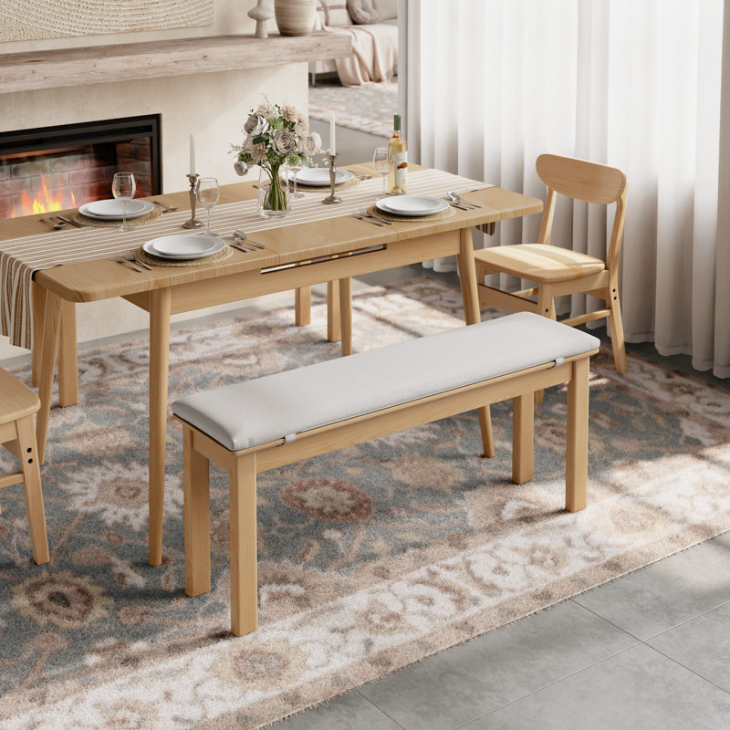 Banc de salle à manger en bois massif Addisin avec coussin en lin amovible, H 19,69 po x l 47,24 po x P 11,81 po, Tanné