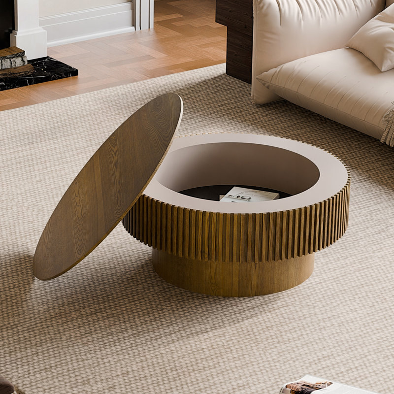 Table basse ronde avec rangement caché et conception de champignon cannelé en brun, H 14 po x l 31,5 po x P 31,5 po, Brun