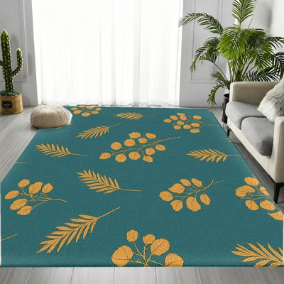 Tapis botanique moderne à feuilles d'or bleu sarcelle, élégant motif de feuille de plante, tapis antidérapant doux et durable lavable à la machine, décoration intérieure élégante pour le salon, la chambre à coucher, l'entrée, la cuisine, appartement