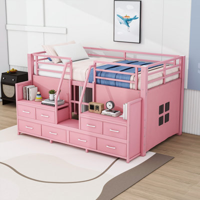 Wood Platform Loft Bed with Built-in-Desk and Shelves