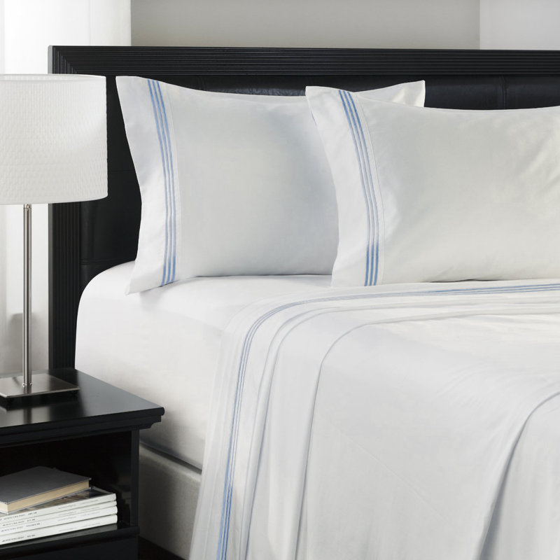 Elegant Deep Pocket Microfiber Sheets With 3-Line Embroidery, Blue, Full Sheet Set