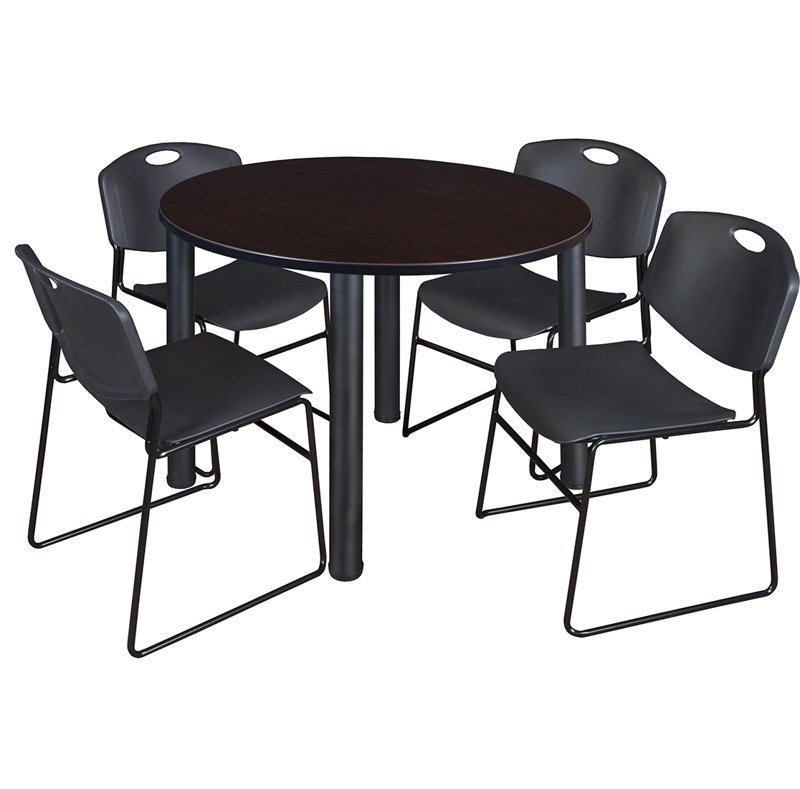 Plateau de table Niaya, 4 chaises empilables, Noir, Cerisier