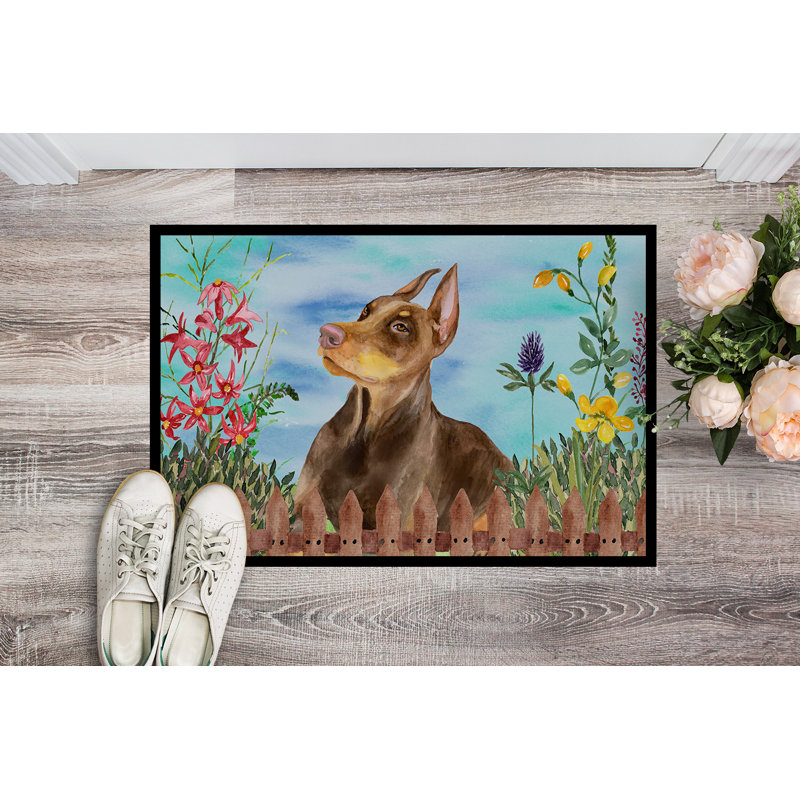 Tapis de porte pour l’extérieur antidérapant doberman pinscher spring, Rectangulaire : 18 po x 27 po