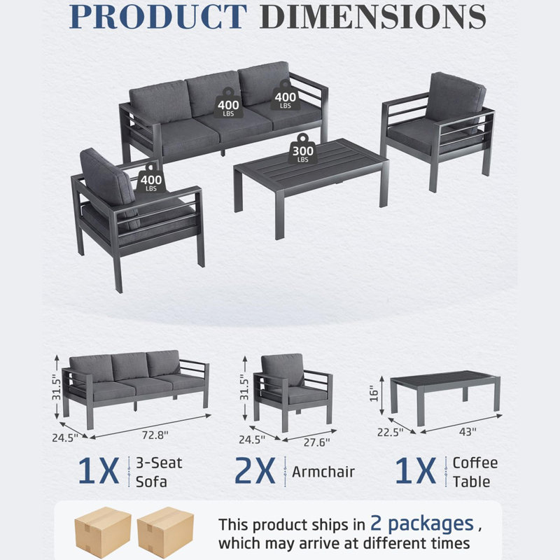 Aluminum Patio 5 Seats Modern Outdoor Furniture With Coffee Table, Black
