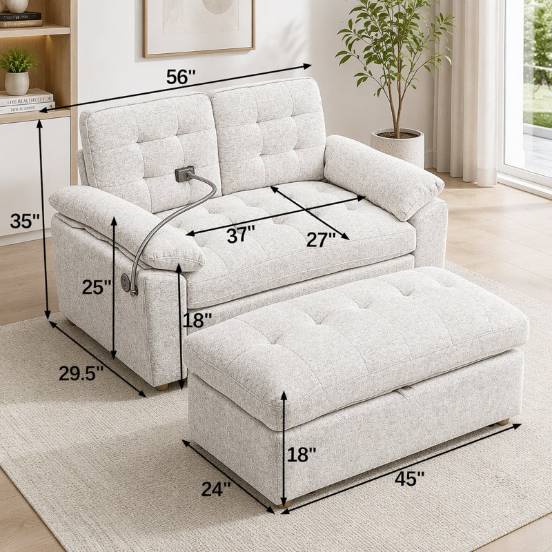 Canapé double inclinable avec port USB, support pour téléphone et repose-pieds avec rangement, Rembourrage en mousse beige