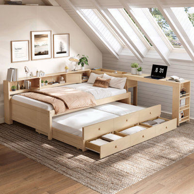 Lit de jour simple avec couchette, tiroirs de rangement; Ensemble de lattes, tablettes latérales et bureau intégré pour une vie multifonctionnelle
