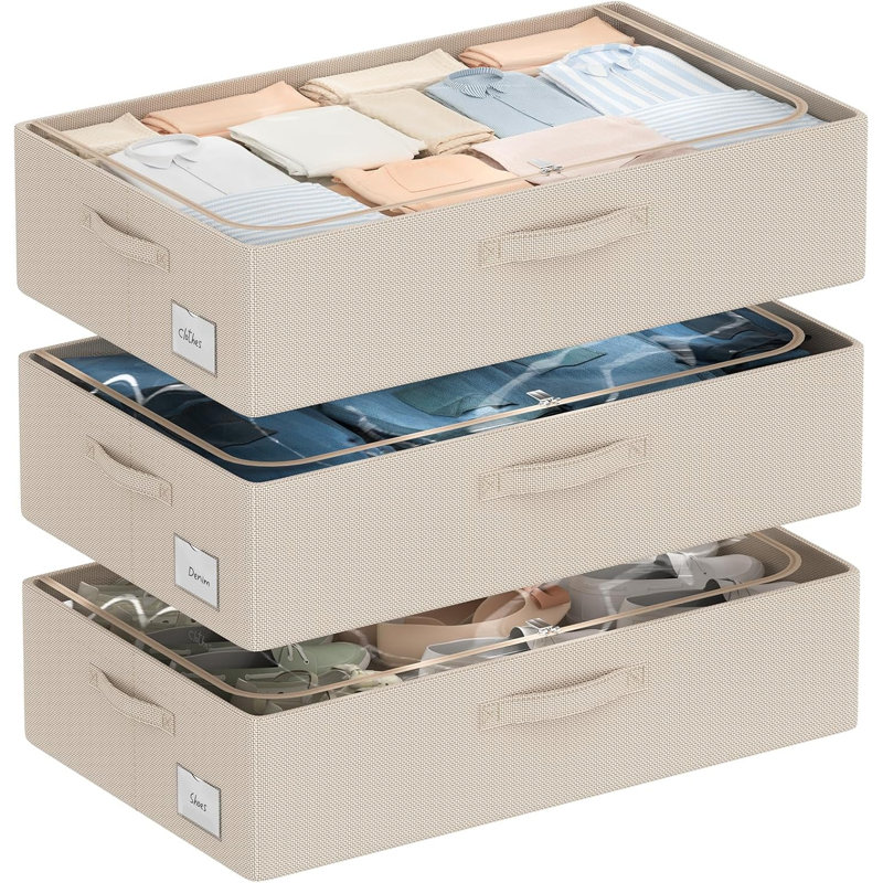 3-Piece Under-Bed Storage Bin Set (with Metal Frame) and Clear Lids (Beige, 23.5 x 15.7 x 6.3 inches)