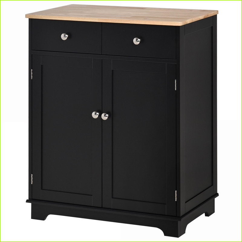 Cabinets with Solid Wood Countertop, Modern Storage with 2 Drawers, Adjustable Shelf &amp; Doors | Black | Dining Room