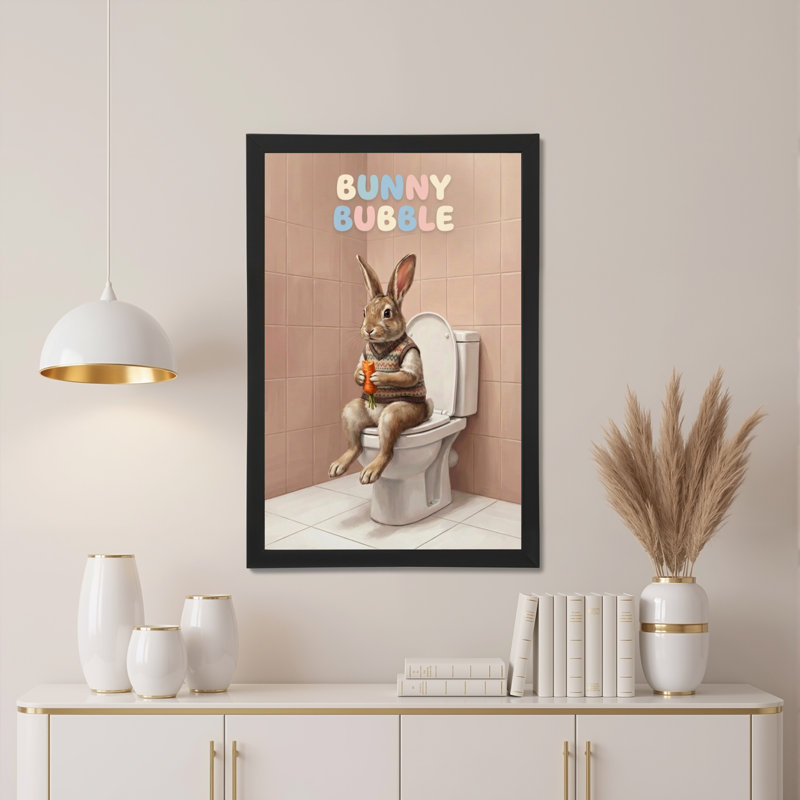Ensemble de 1 tableau sur toile représentant un lapin à bulles sur les toilettes, H 36 po x l 24 po