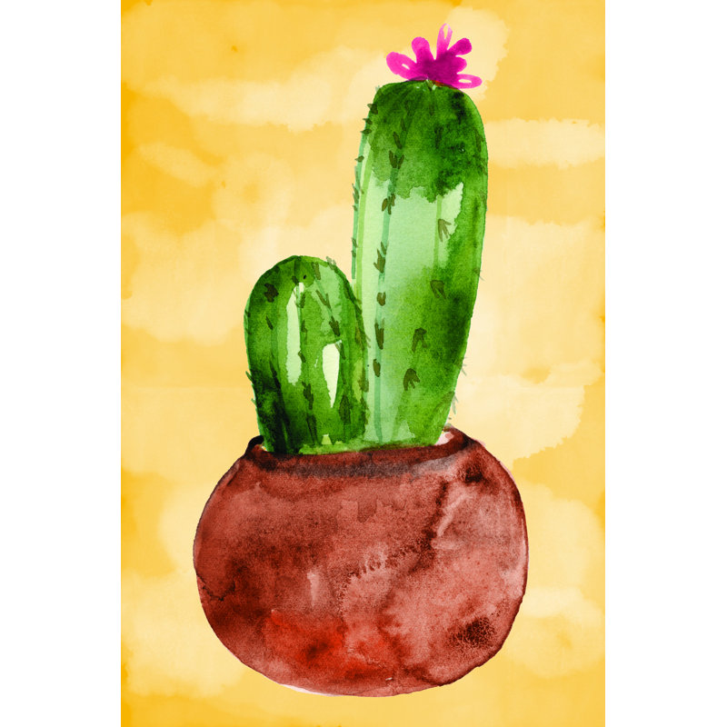 Watercolor Potted Cactus - Painting Print, 46cm H x 30cm W, Black Floater Framed