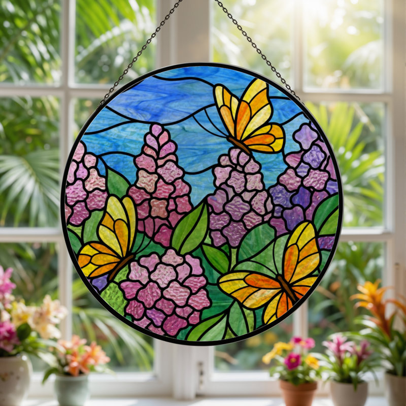 Panneau de vitrail 12 "H Butterfly Flowers