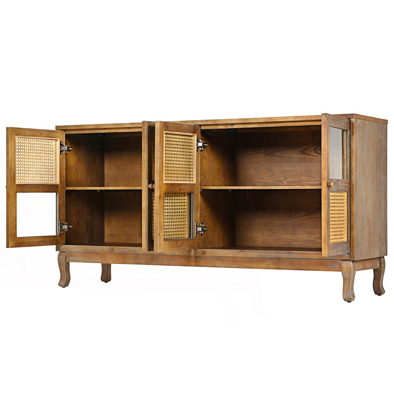Accent Sideboard, Retro 4-Door Sideboard With Artificial Rattan Doors And Transparent Glass, Accent Cabinet, Antique Brown