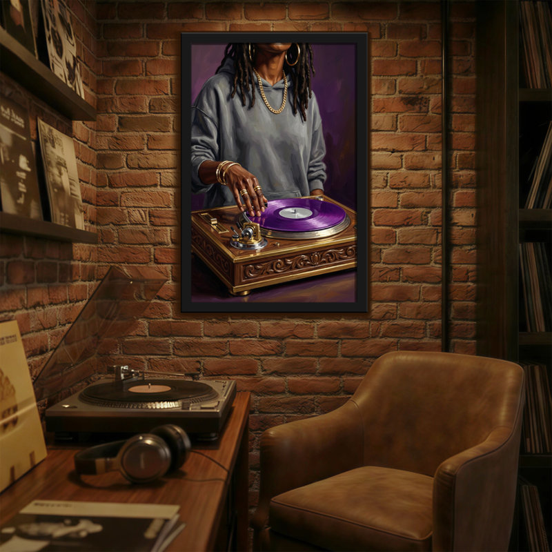 Abstrait tourne-disque vinyle mauve abstrait sur tourne-disque en bois, H 18 po x l 12 po