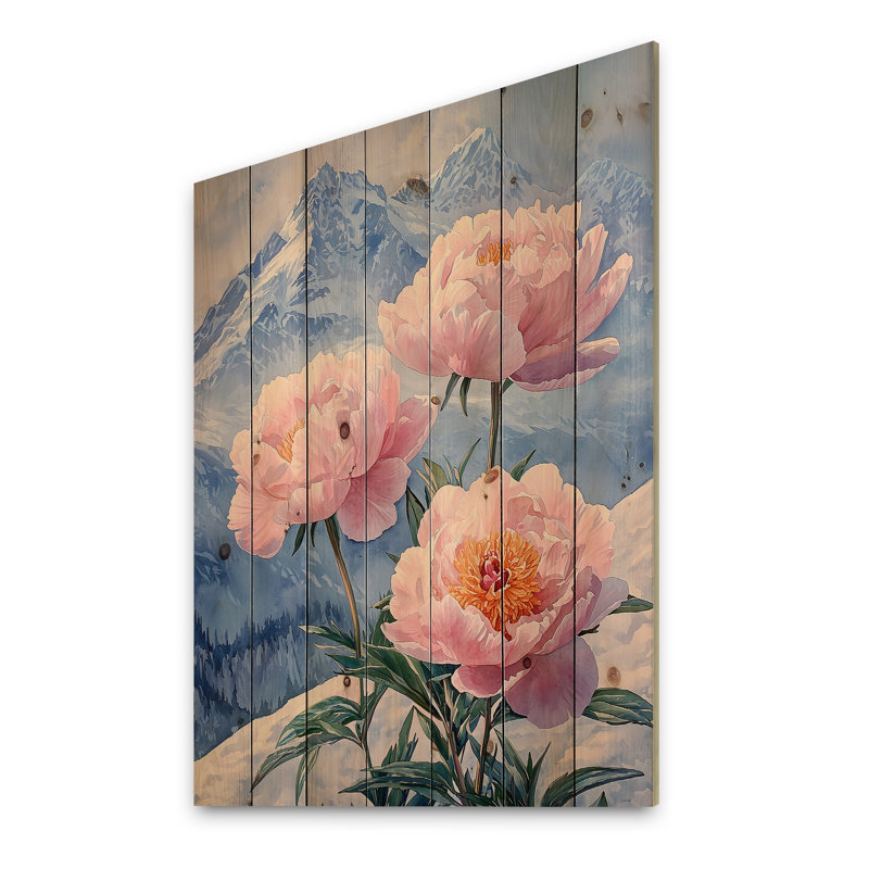 Pivoines par les sommets enneigés I - Décoration murale en bois de pivoines - sur bois de pin naturel