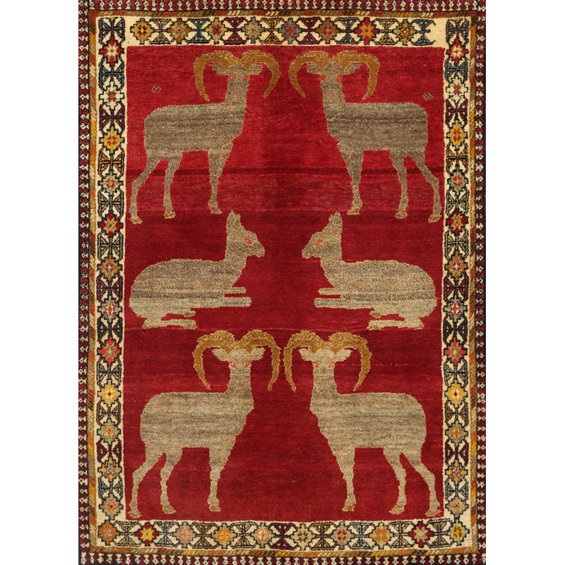 Tapis traditionnel rouge / beige / noir, Rectangle 3 pi x 5 pi