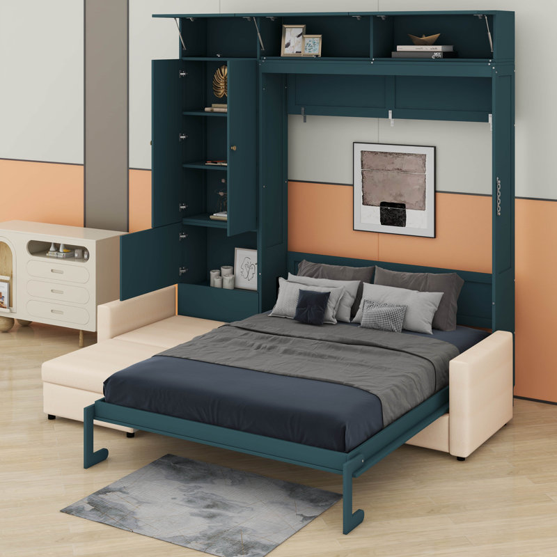 Grand lit escamotable avec canapé et tablettes, Vert / Beige