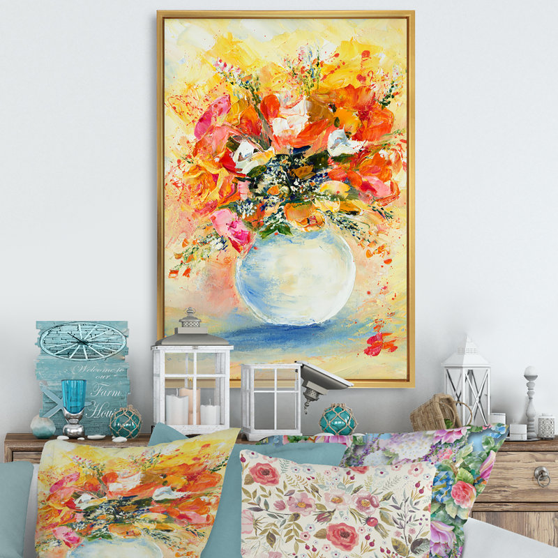 Bouquet de fleurs orange et jaune - décoration murale en toile de ferme, H 20 po x l 12 po x P 1 po, Cadre flottant doré