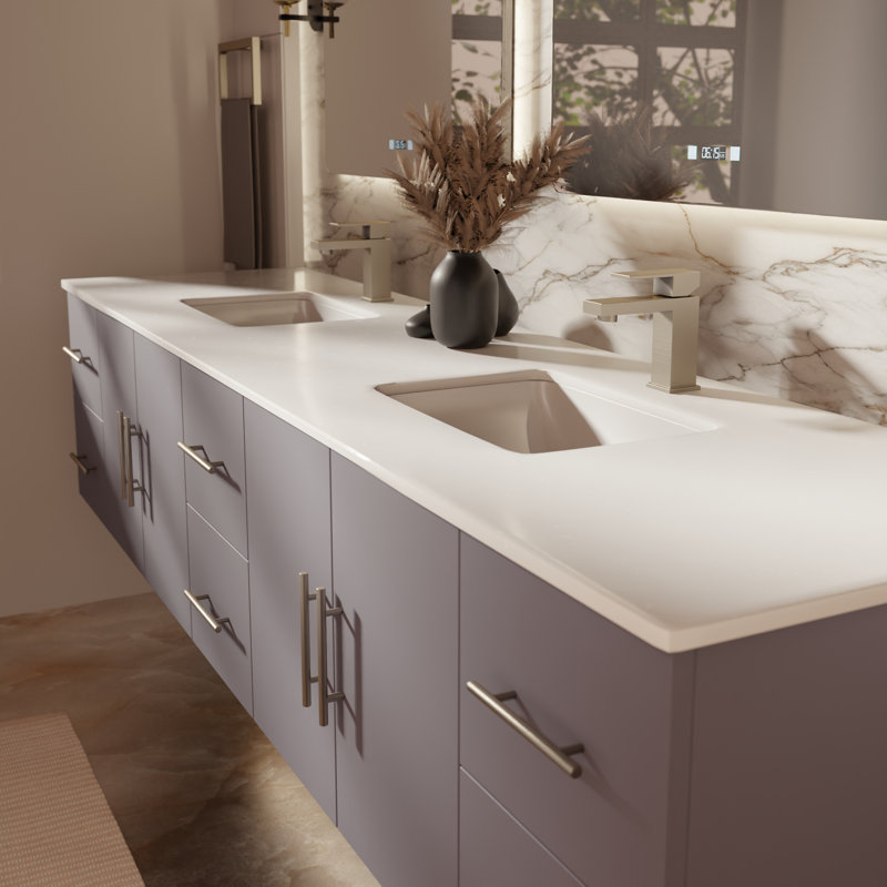 Ensemble de meuble-lavabo double mural 84 "avec miroir Geneva, Gris foncé, Marbre de culture blanc