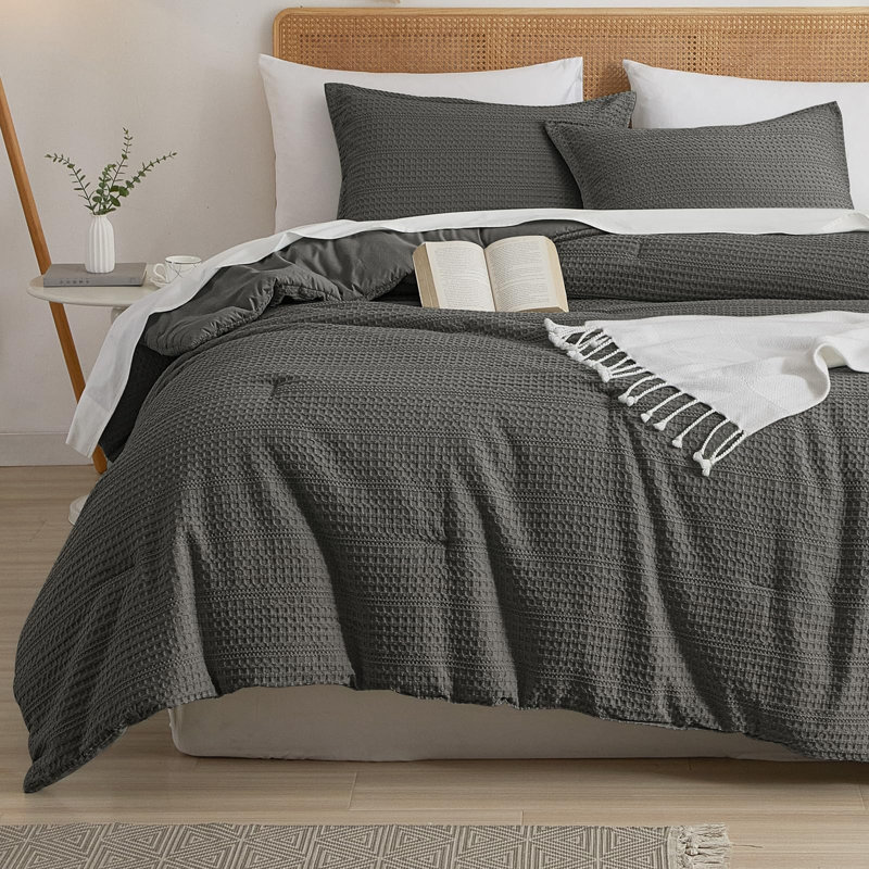 PHF Soft Waffle Comforter Set, Comfy Breathable Lightweight Textured Waffle Weave Comforter Bedding Set, Grey