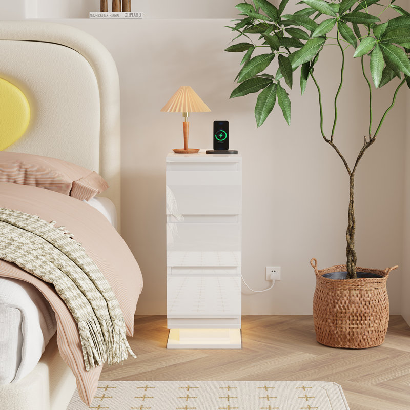 35 cm W Bedside Table, High gloss white 3 drawers with charging#2
