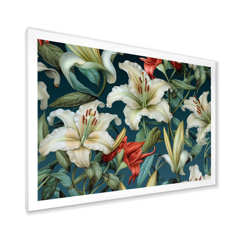 «Cream Green Lily Impressions I», reproduction sur toile, H 34 po x l 44 po x P 1,5 po, Cadre simple blanc