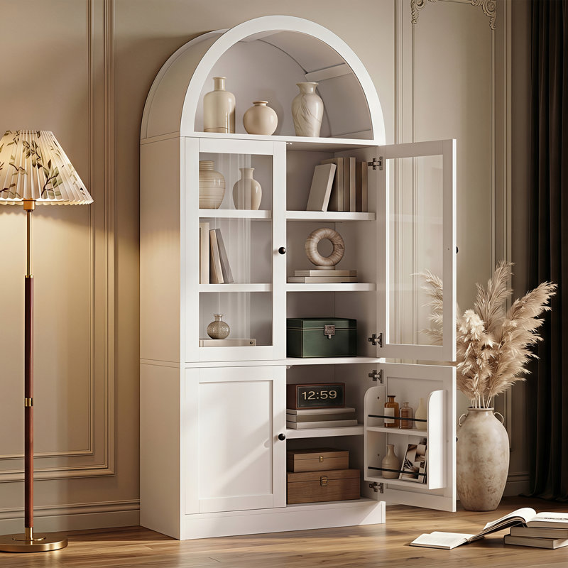 [Vidéo] Armoire de rangement haute arquée avec portes en verre trempé, tablettes à 5 niveaux, charnières à fermeture en douceur, organisateur de porte, présentoir autoportant et armoire de rangement pour salle de bain / salon / salle à manger / bureau, blanc