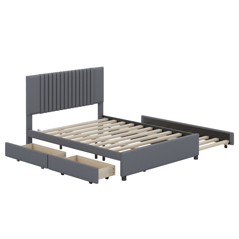 Upholstered Platform Bed with 2 Drawers and 1 Trundle, Classic Headboard Design, Gray, Full/Double