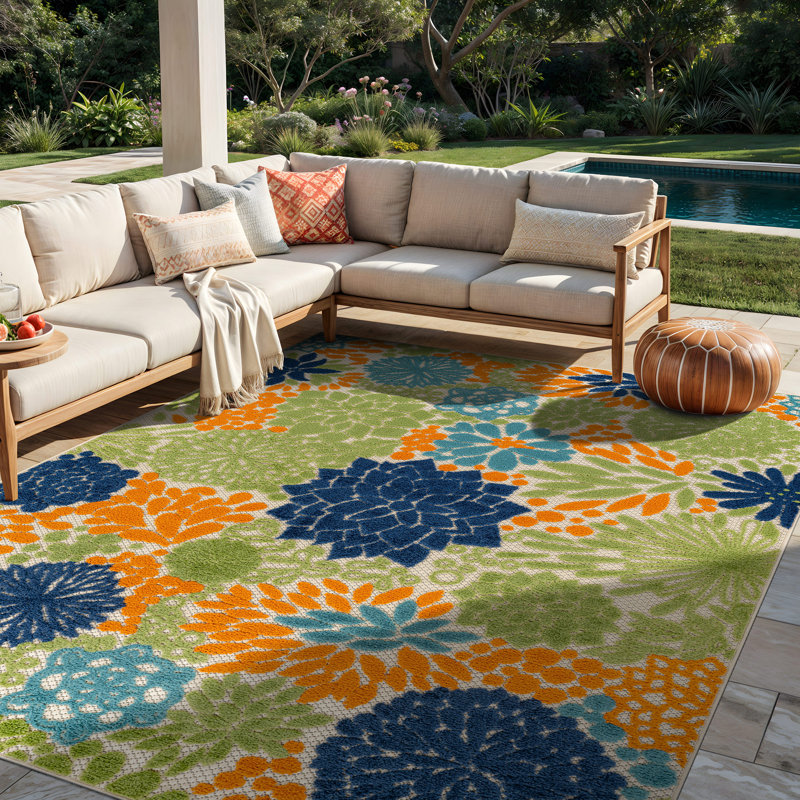 Tapis floral intérieur / extérieur beige / bleu marine / bleu sarcelle / vert / orange, Multicolore / beige