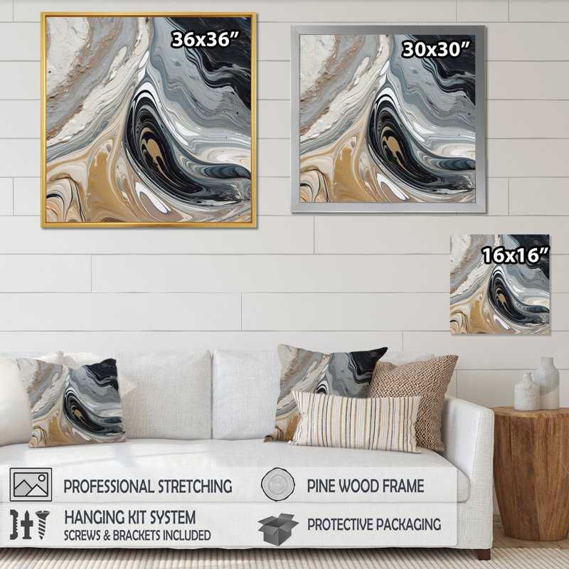 «Grey Black Aqua Symphony», art mural abstrait sur toile, Cadre simple noir, H 16 po x l 16 po x P 1 po
