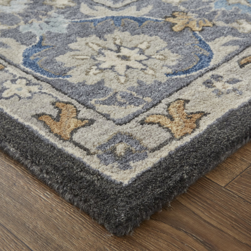 Azalea Wool Oriental Area Rug in Taupe/Blue/Ivory, Rectangle 5' x 8'