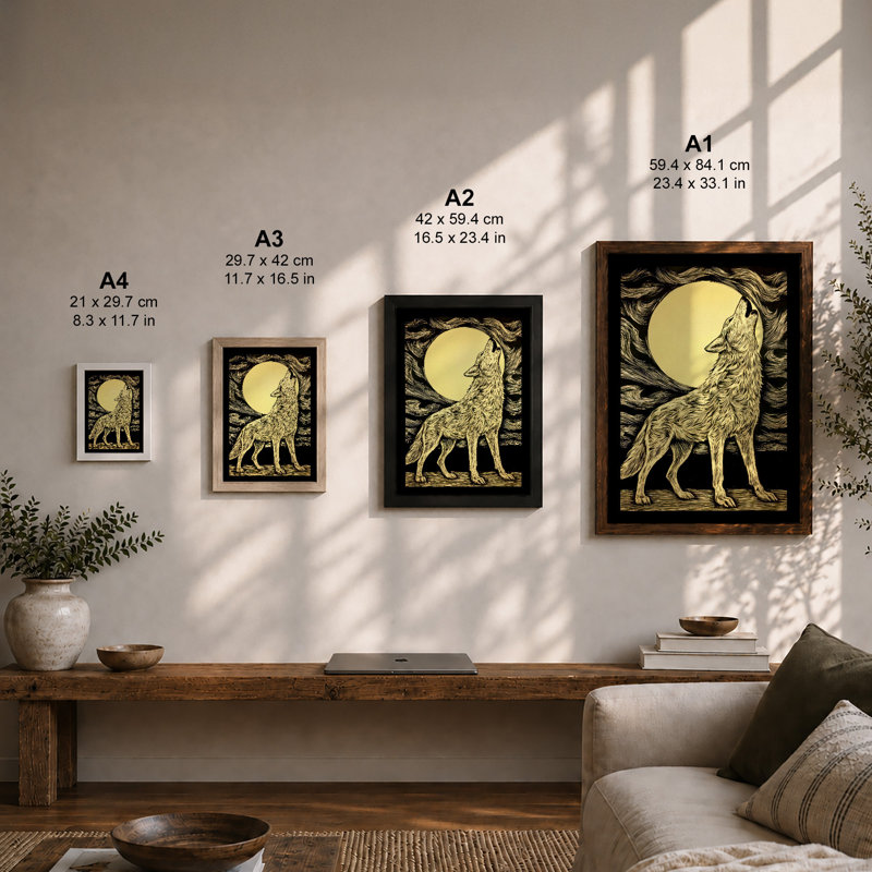 Wolf Howling At Moon Japandi - Print, A3 - 42.0 x 29.7 cm, Oak