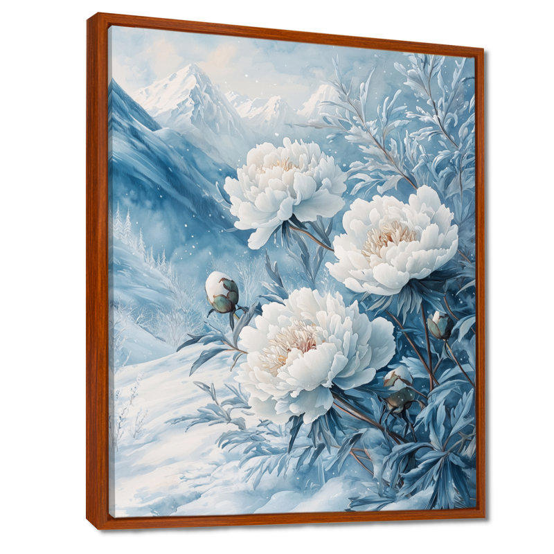 Glorine neige pivoines dans le paysage d'hiver III - pivoines, art mural, H 32 po x l 16 po, Reproduction avec cadre flottant