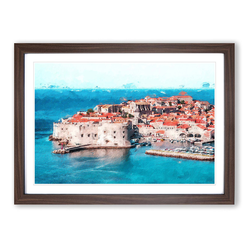 Ancient City Walls Of Dubrovnik In Croatia - Single Picture Frame Painting, 45cm H x 63cm W x 2cm D, Walnut Framed