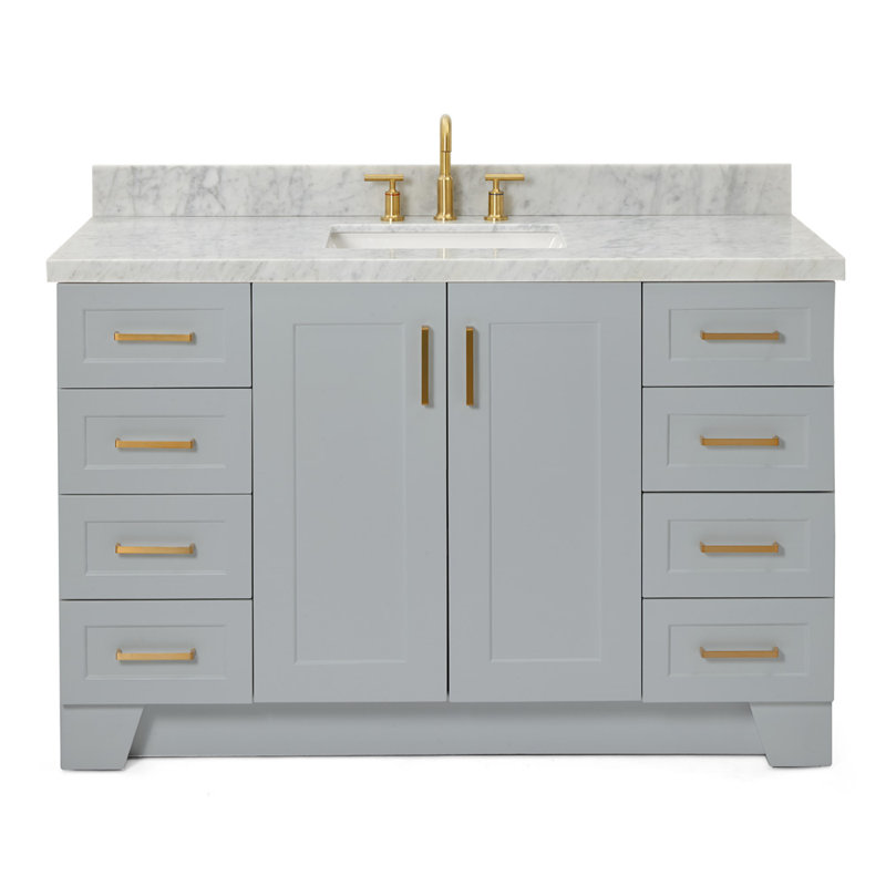 Meuble-lavabo simple 55 po en bois massif gris Frawley avec plateau en marbre de Carrare 1,5 po, Rectangulaire, Gris
