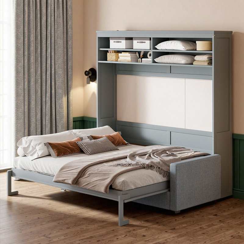 Grand lit escamotable gris avec canapé, meubles convertibles peu encombrants pour maisons modernes, Gris