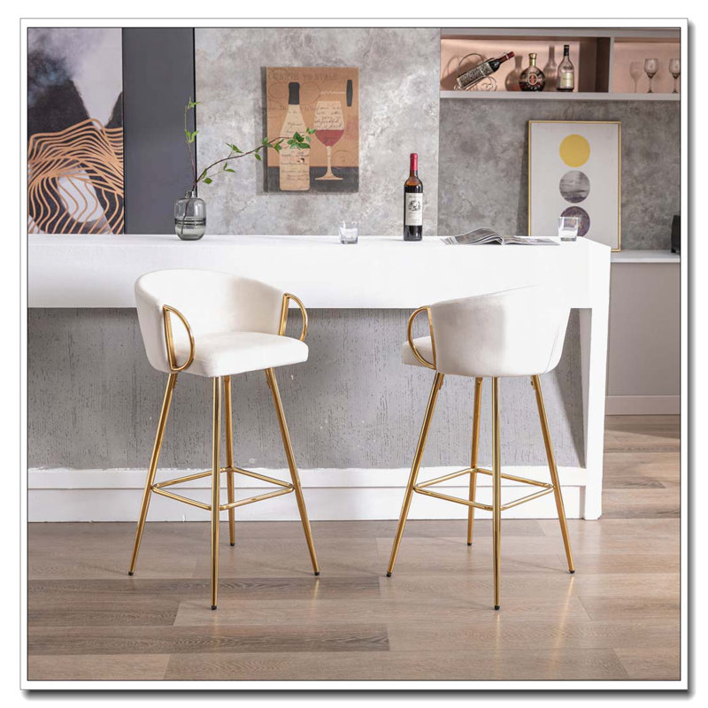 Tabourets de bar, avec repose-pieds chromé et base en velours + tabouret de bar simple Golden Leg, Bleu