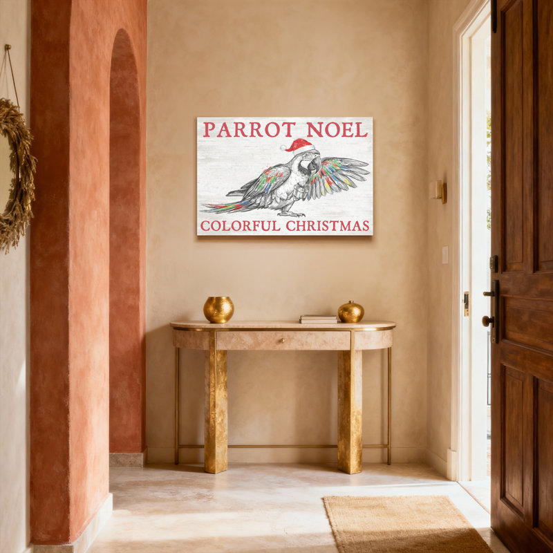 Ensemble de 1 tableau mural sur toile colorée « Perroquet de Noël », H 20 po x l 30 po, Noir