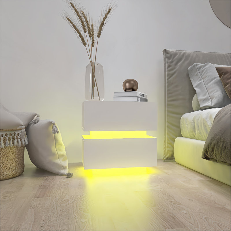 White Color High Glossy 2 Drawers Bedside Table With RGB Led Light Nightstand With Bluetooth Control