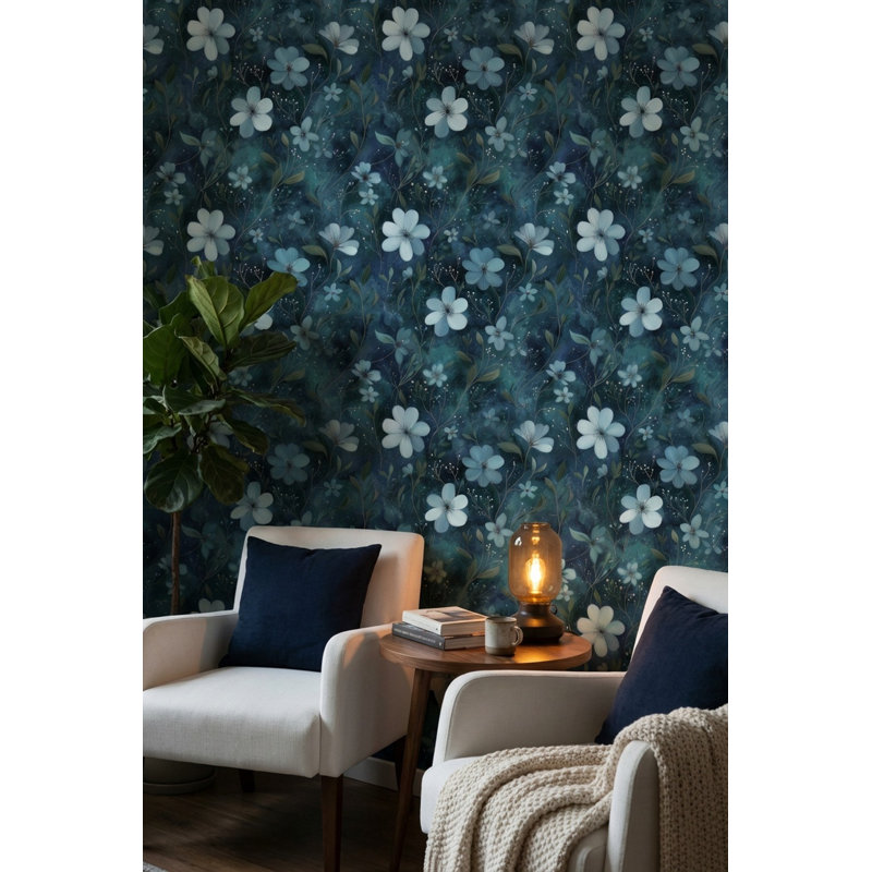 Papier peint floral, peinture murale abstraite bleue, Non tissé, non collé