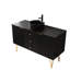 Meuble-lavabo profond autoportant avec lavabo rectangulaire en céramique à texture rayée noir mat, 3 tiroirs et 2 portes de rangement, plateau en pierre frittée, pré-assemblé pour un rangement rapide