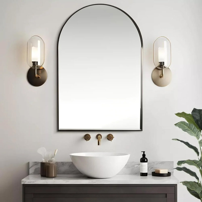 Modern Black Metal Arch Mirror, Elegant Arched Wall Mirror