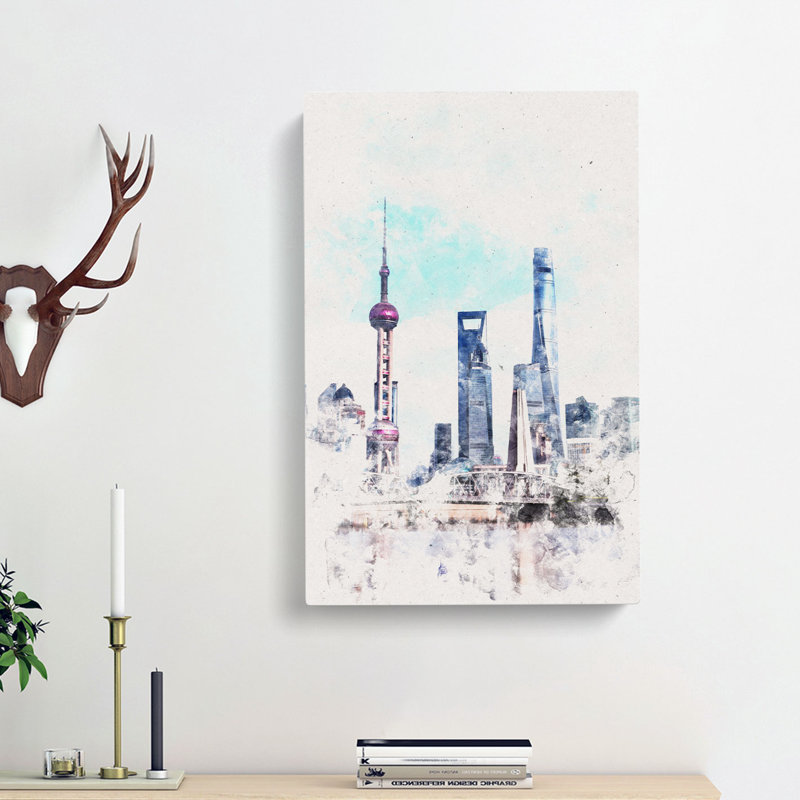 Shanghai Skyline Reflection - Wrapped Canvas Painting, 91cm H x 60cm W x 3cm D