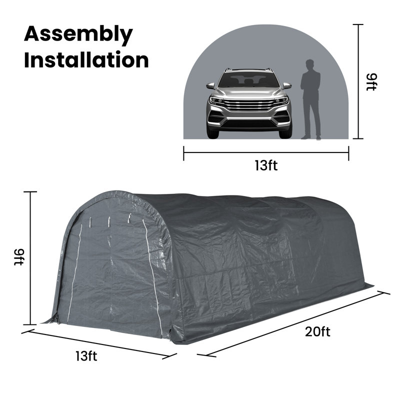 Abri de rangement de garage portatif en acier galvanisé Carport, Gris, H 9 pi x l 13 pi x P 20 pi