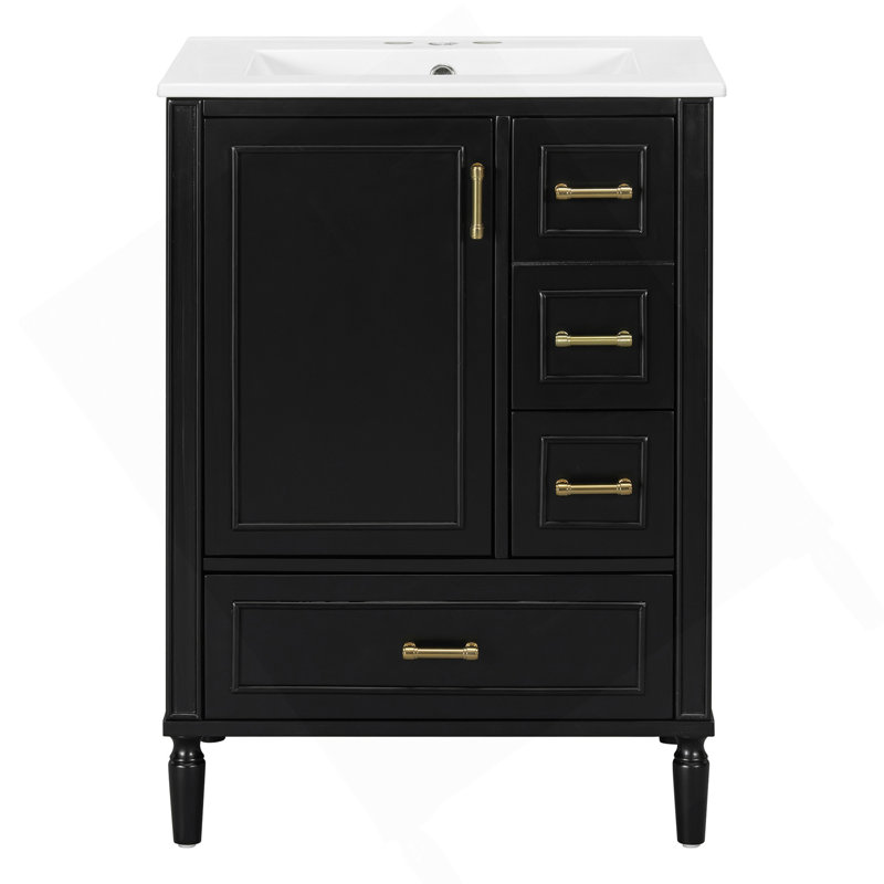 24" Modern Bathroom Vanity With Ceramic Sink, Soft-Close Door, 3 Drawers, Gold Handles, And Door-Mounted Rack For Space-Saving Storage
