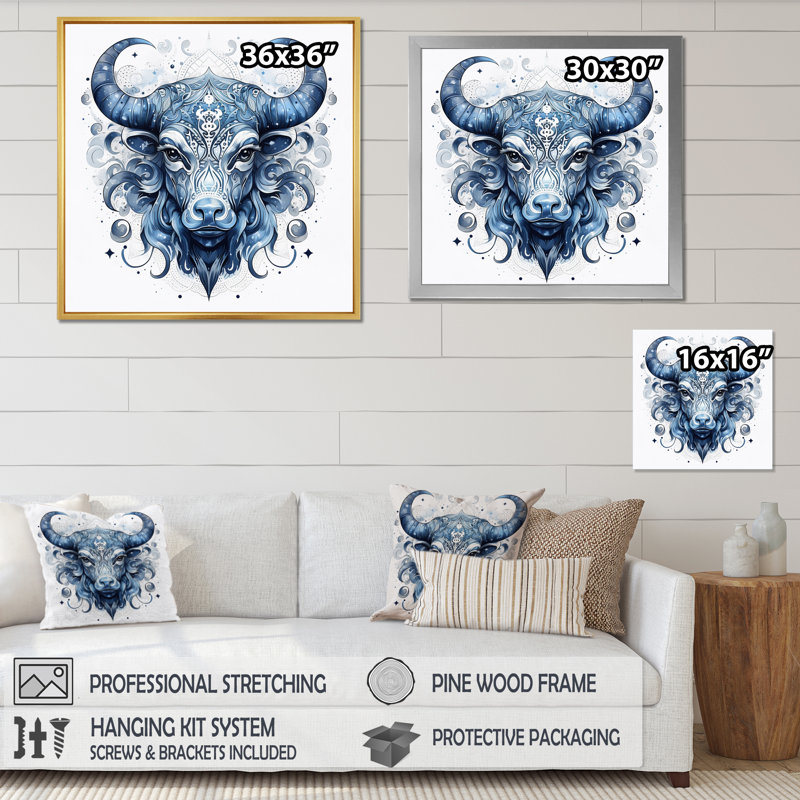 Art mural sur toile Taureau, signe du zodiaque IV - Astrologie, Cadre naturel flottant, H 16 po x l 16 po x P 1 po