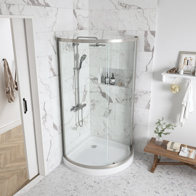 Ensemble de douche en coin en nickel satiné, porte coulissante transparente et casserole L 33 po x l 33 po x H 72,83 po Breeze