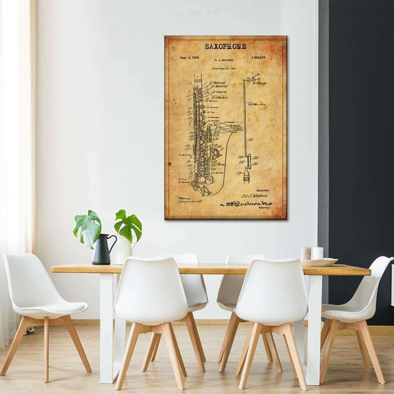 Brevet de saxophone sur toile, H 48 po x l 32 po x P 1,25 po